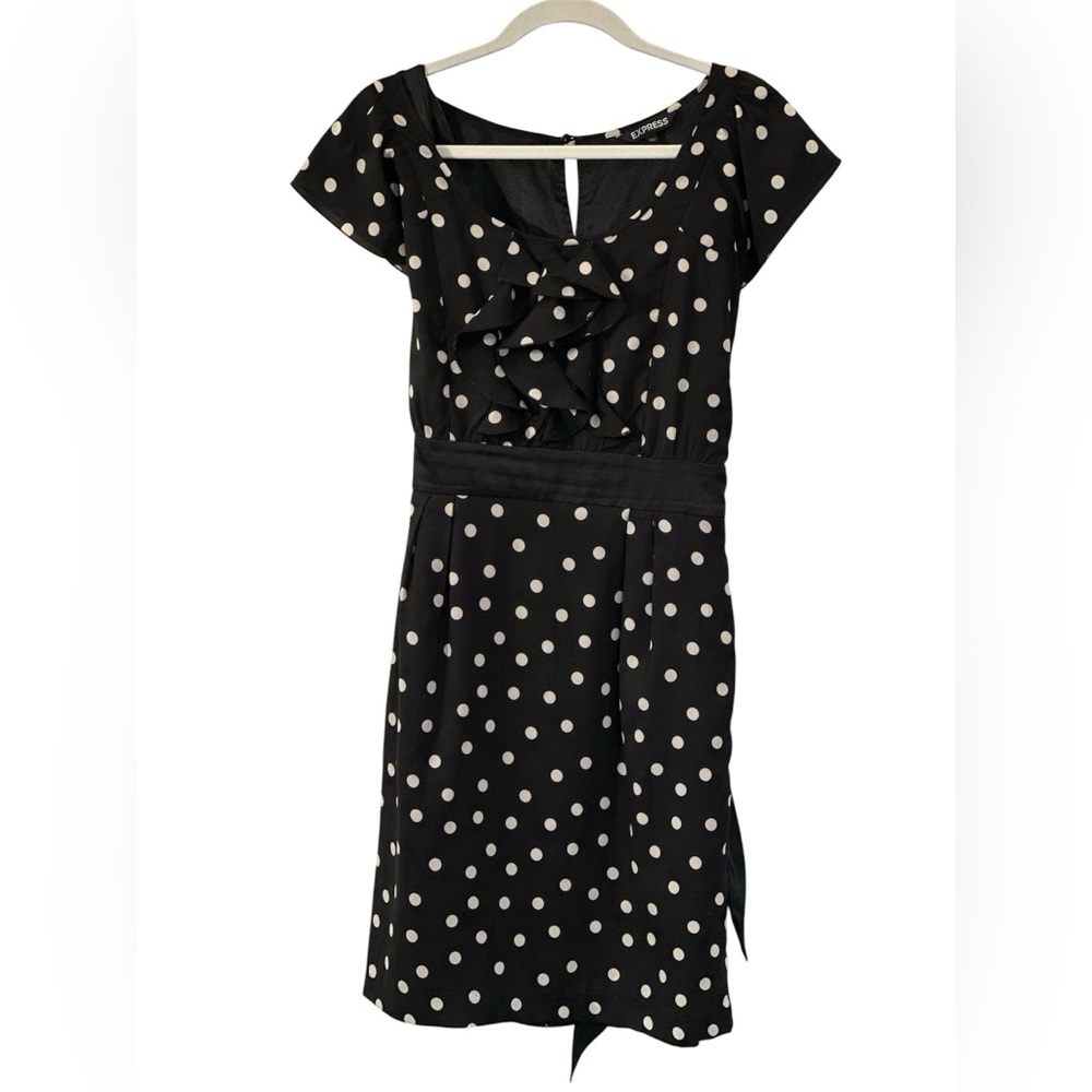 Express Black & White Polka Dot Midi Dress- Size 6- scoop neck/ruffles/pockets